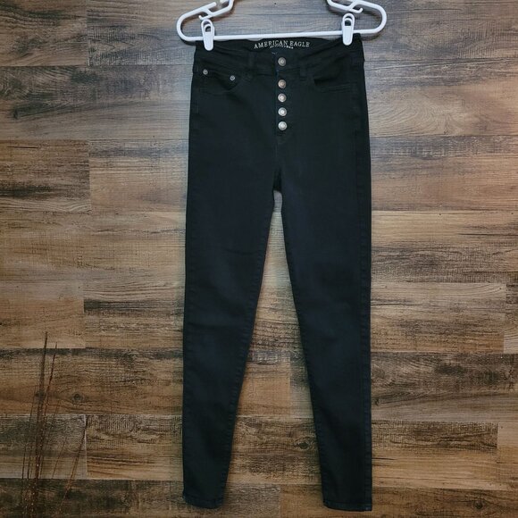 American Eagle Jeans 4 L Button Fly Jegging Super Hi Rise Super Stretchx Black - Picture 1 of 12
